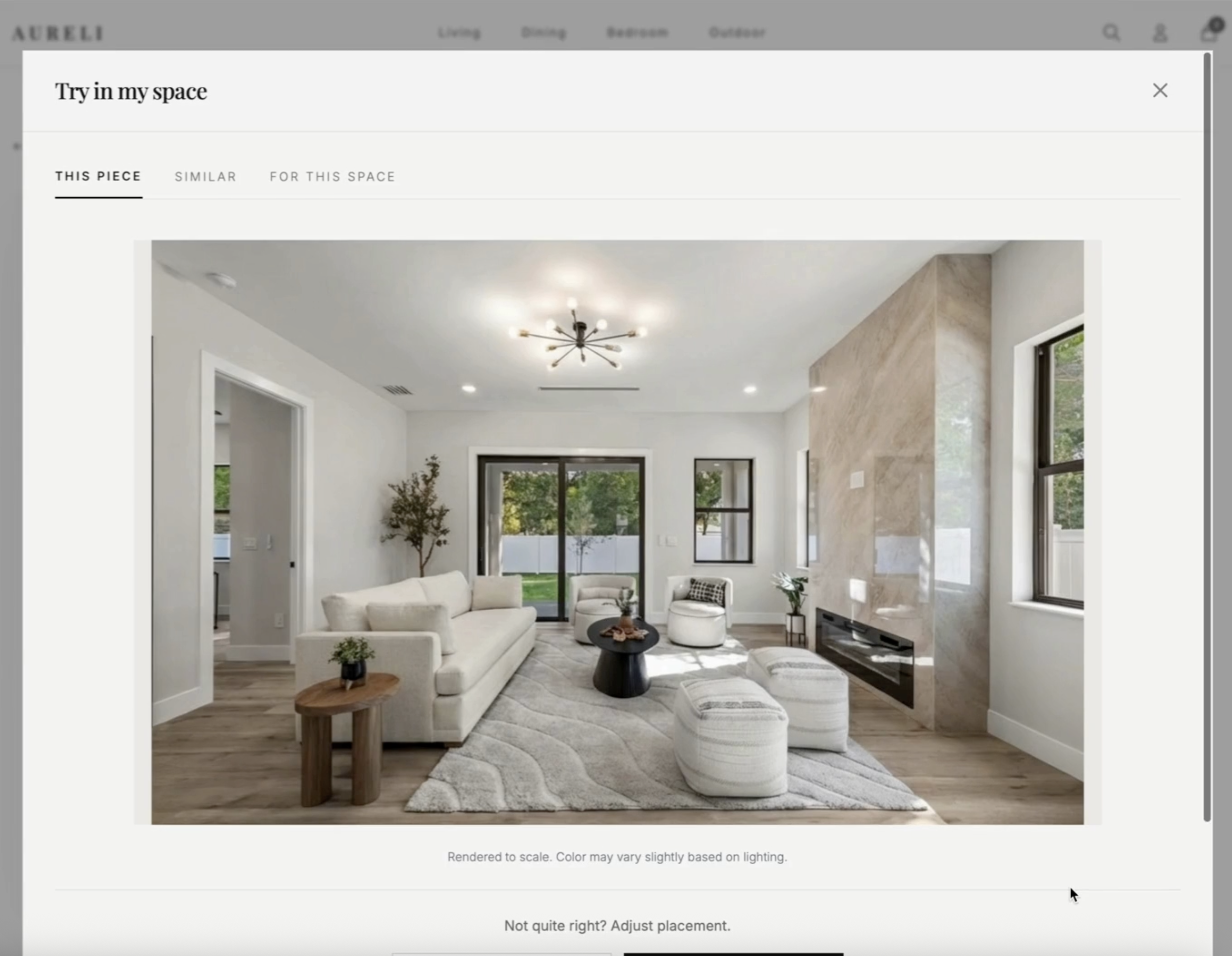 ATELIS room visualization showing furniture rendered in a customer's actual living room