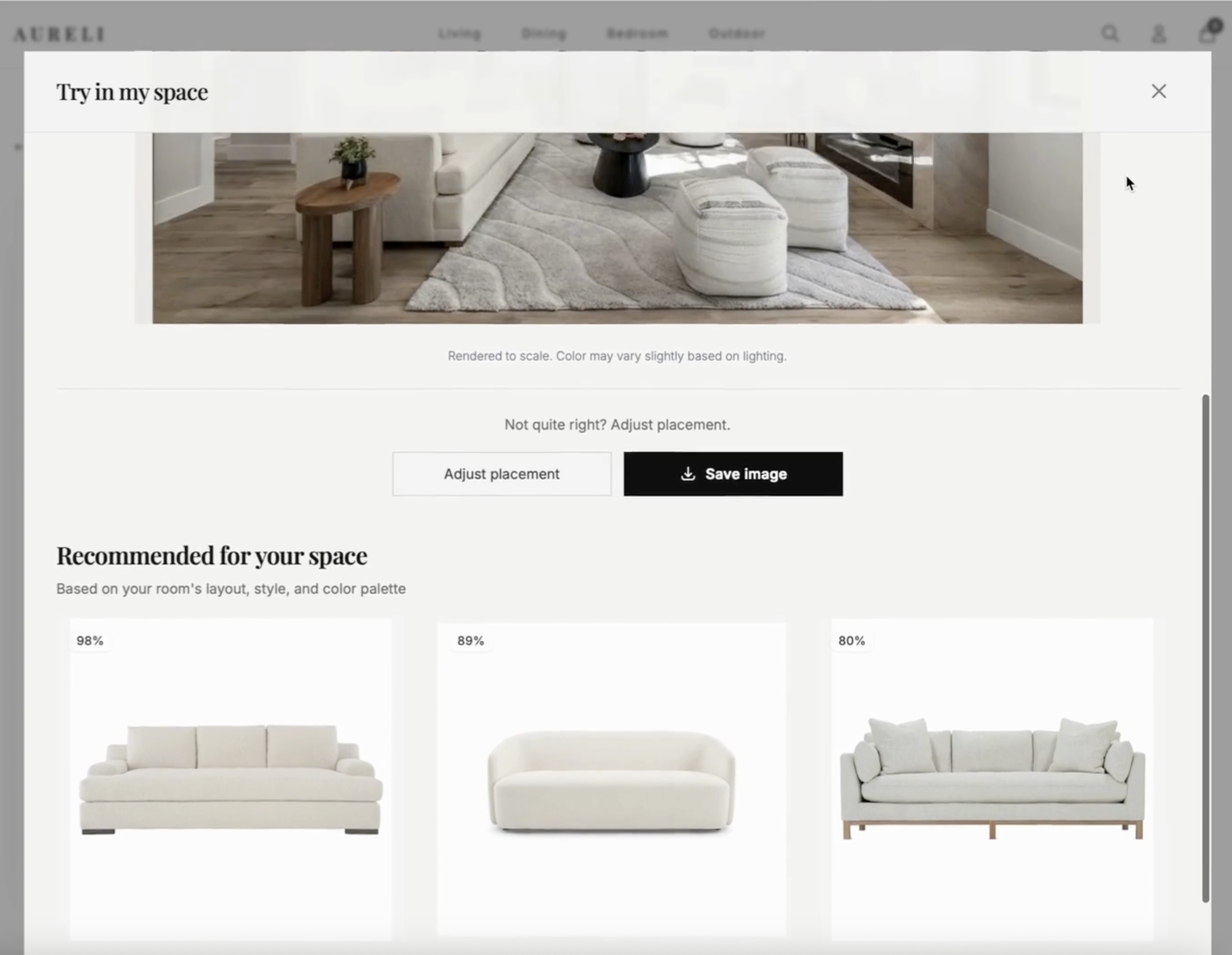 ATELIS AI-powered recommendations showing furniture match percentages for customer rooms